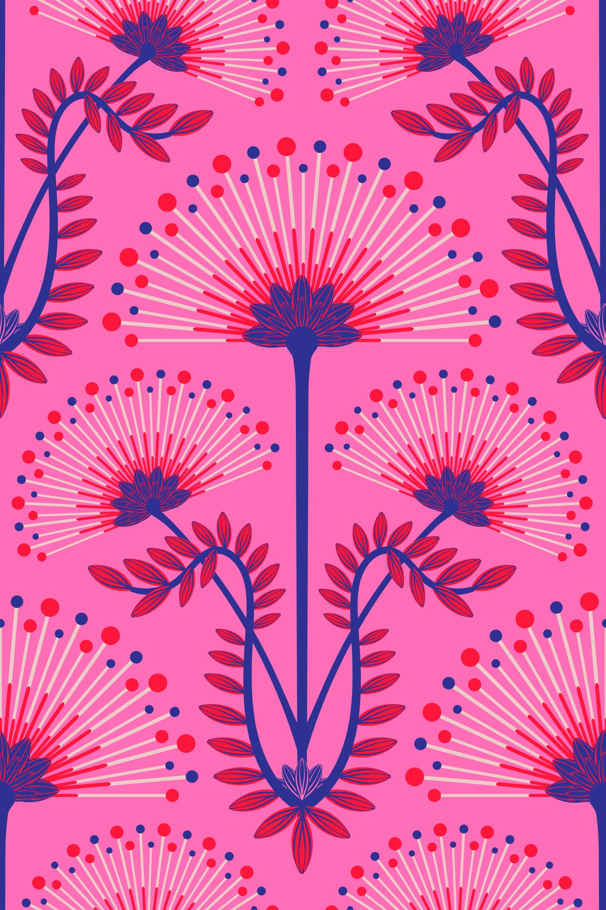 Mimosa Art Deco Floral Botanical Damask Pink Red Blue Fuchsia Wallpaper⁠