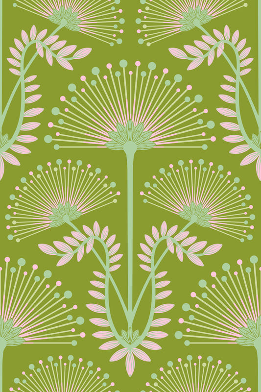Mimosa Art Deco Floral Botanical Damask Pink Chartreuse Spring Green Wallpaper⁠