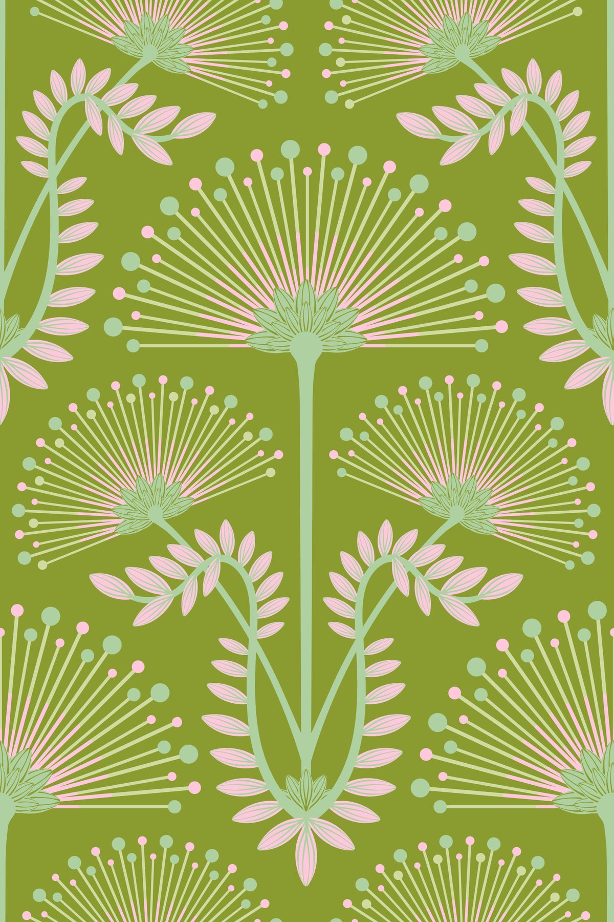 Mimosa Art Deco Floral Botanical Damask Pink Chartreuse Spring Green Wallpaper⁠ in your room — zoomed