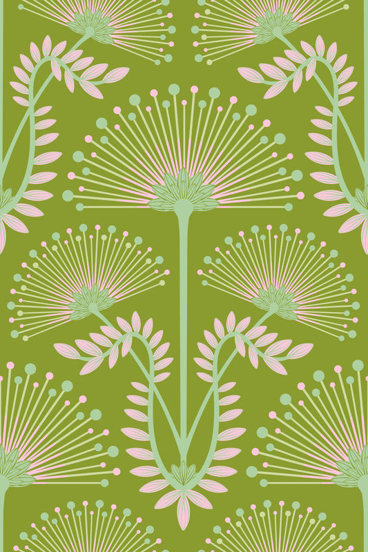 Mimosa Art Deco Floral Botanische Damask Pink Chartreuse Spring Green Wallpaper⁠