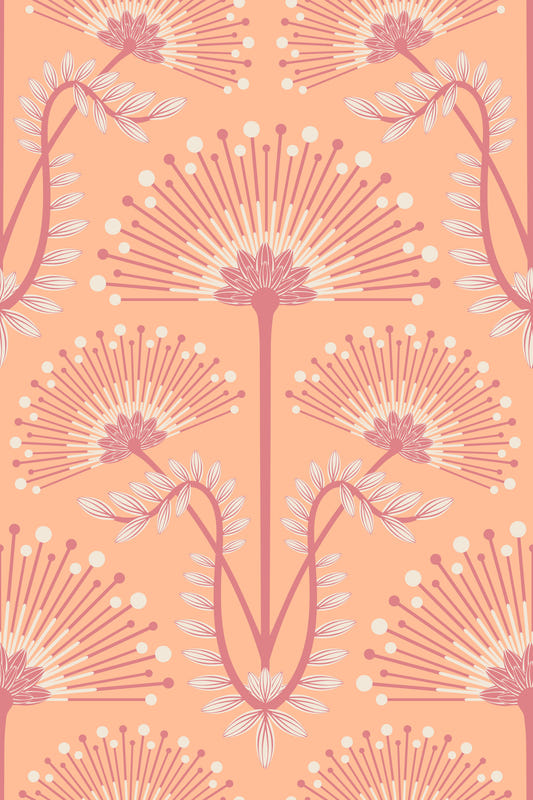 Mimosa Art Deco Floral Botanische Damast Pastellpfirsich Fuzz Orange Tapete⁠