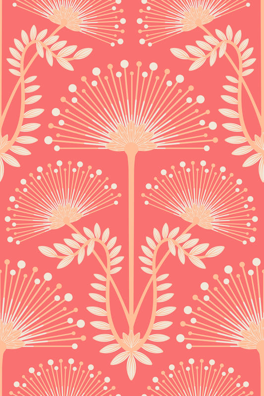 Mimosa Art Deco Floral Botanische Damast Pastellpfirsich Fuzz Orange Korallenrot Wallpaper⁠