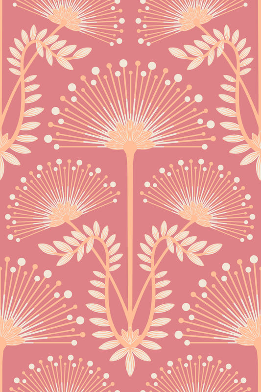 Mimosa Art Deco Floral Botanical Damask Pastel Peach Fuzz Orange Rust Red Wallpaper⁠