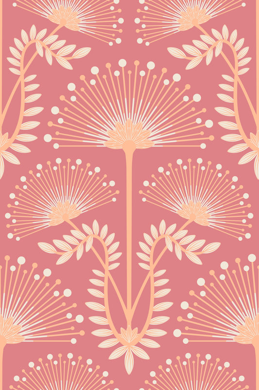 Mimosa Art Deco Floral Botanische Damast Pastellpfirsich Fuzz Orange Rost Rot Wallpaper⁠
