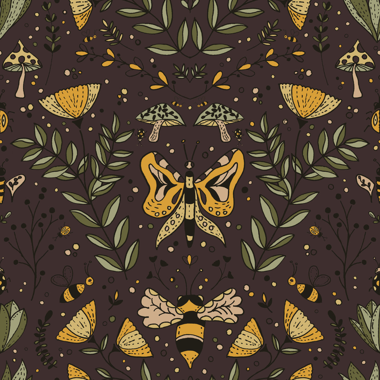 Bees Butterflies and Flowers Brown Wallpaper⁠