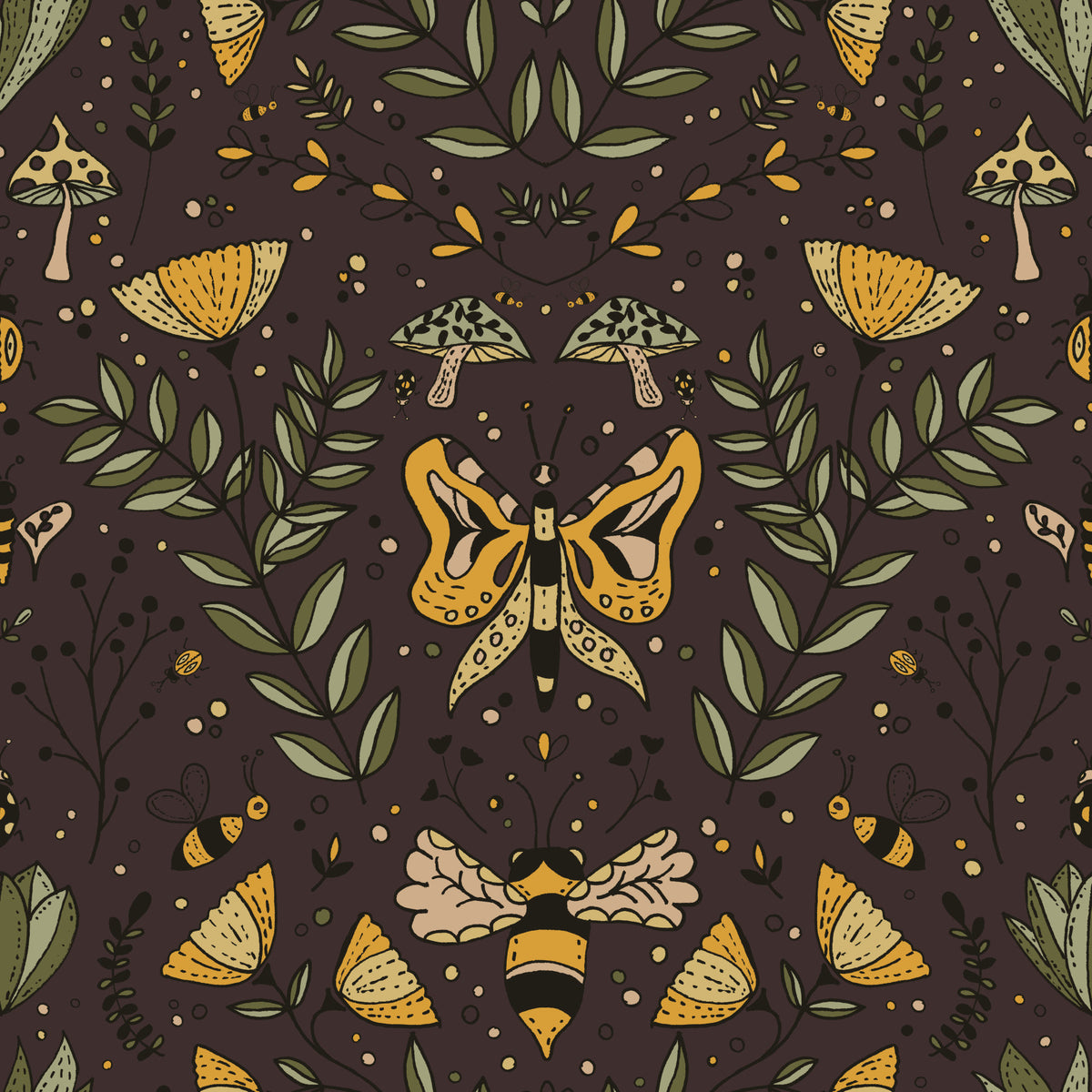 Abeilles papillons et fleurs papier peint marron⁠ in your room