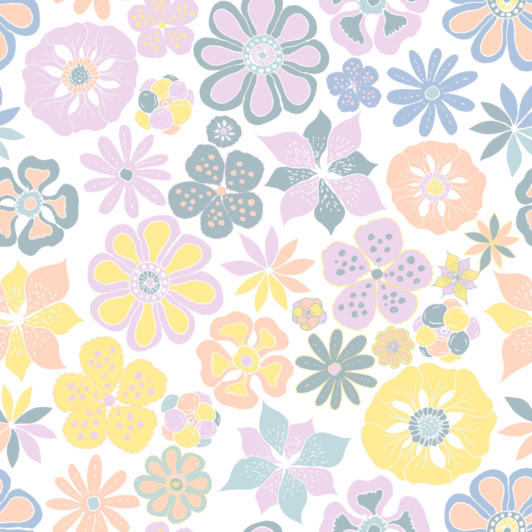 Fiori da giardino disegnati a mano carta da parati blu giallo⁠