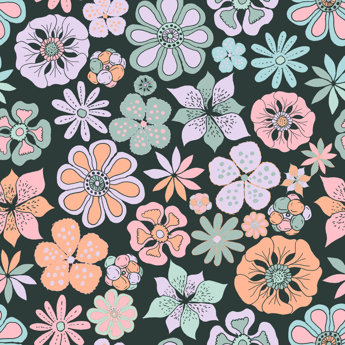 Fiori del giardino disegnati a mano sfondo verde acqua scuro⁠ in your room — zoomed