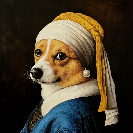 Corgi avec boucle d'oreille perle dans la peinture murale de robe bleue