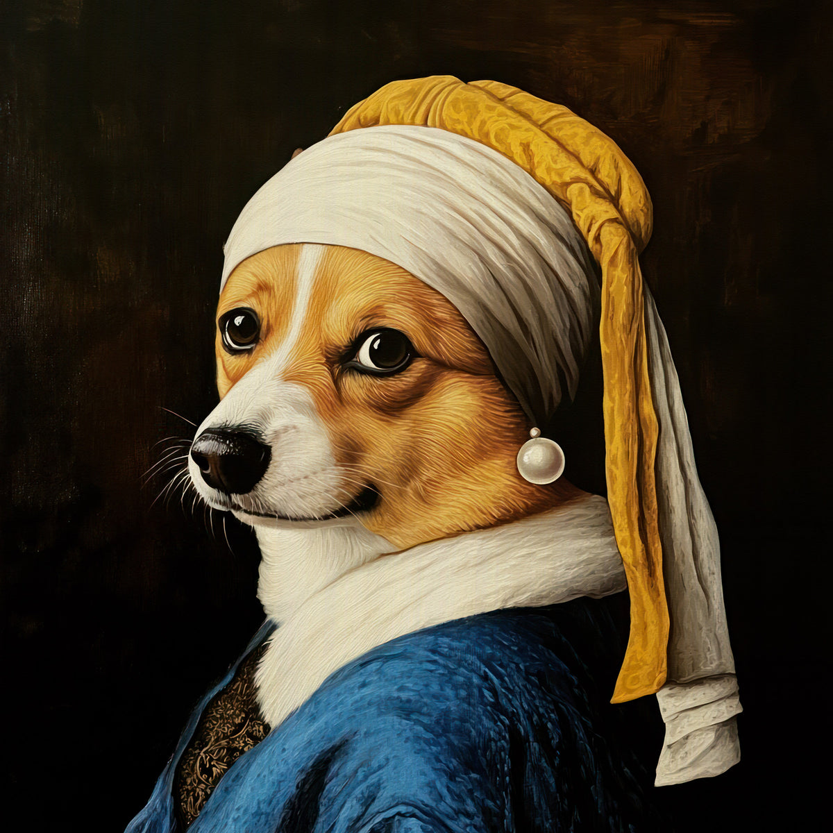 Corgi avec boucle d'oreille perle dans la peinture murale de robe bleue