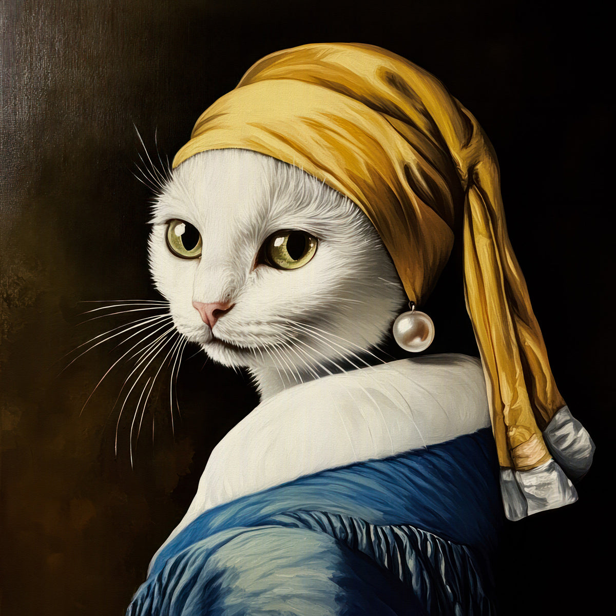 Pisică albă cu cercei de perle în murală de perete cu robe albastre in your room — zoomed