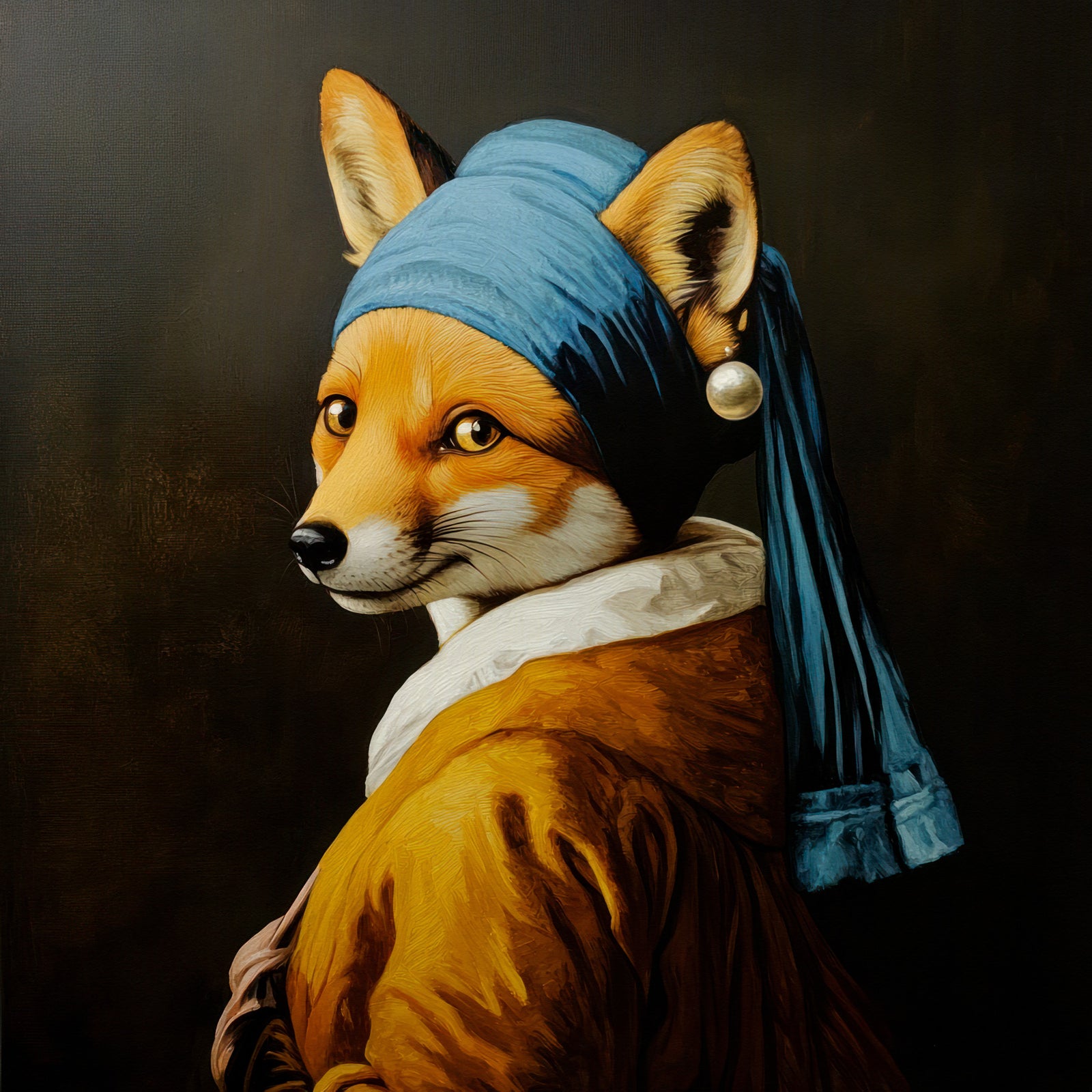Renard avec boucle d'oreille perle dans la peinture murale de robe dorée