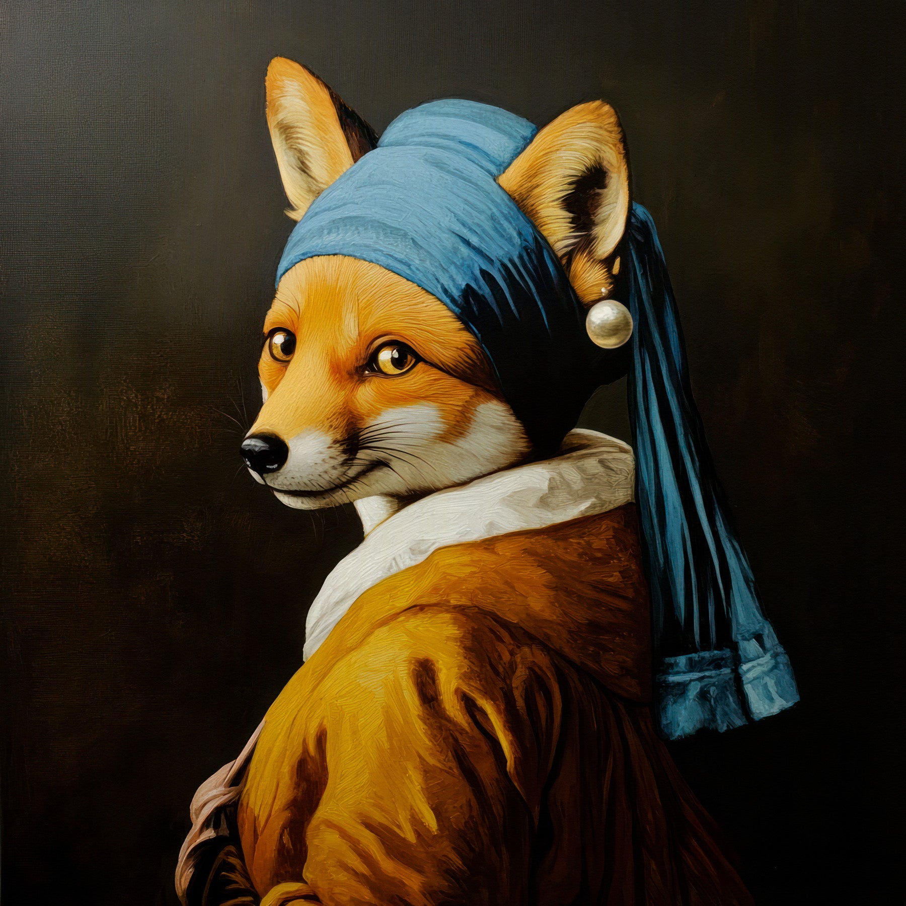 Renard avec boucle d'oreille perle dans la peinture murale de robe dorée in your room — zoomed