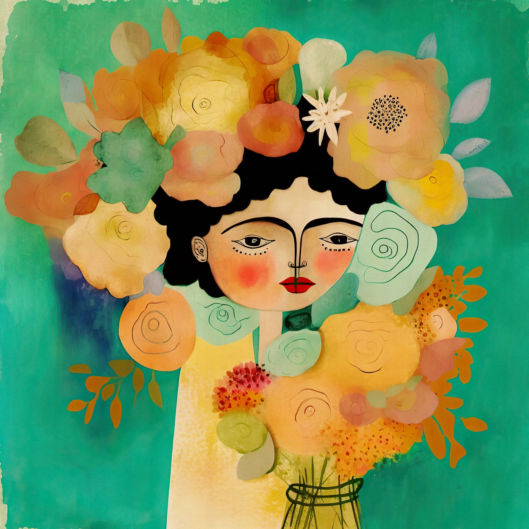 Bohemian Frau mit bunten Blumenkronenwand Wandgemälde