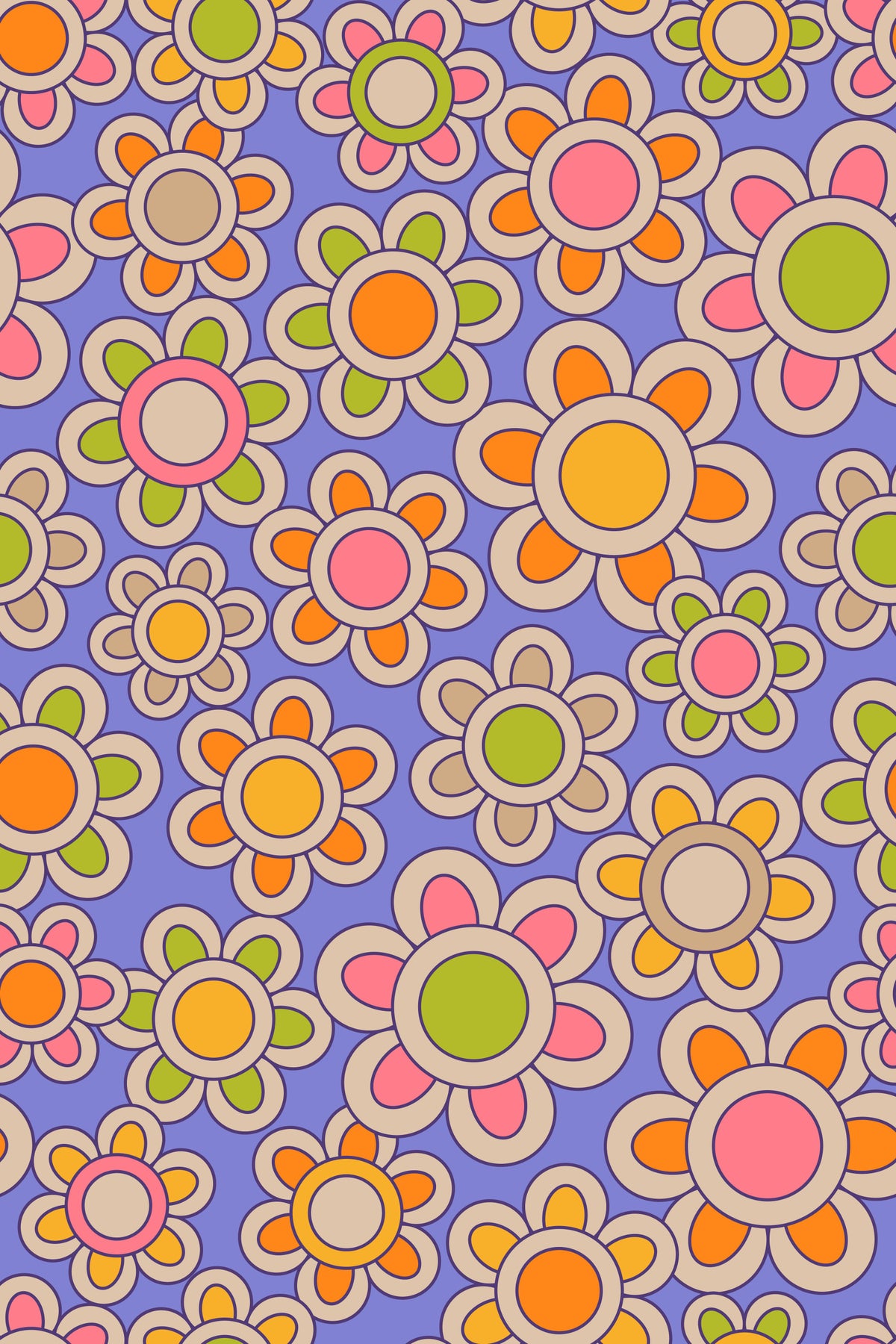 Groovy Daisies Retro 1970s Floral Orange Yellow Pink Green Purple Wallpaper⁠ in your room