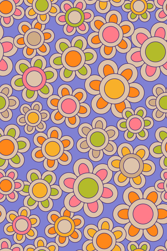 Groovy Daisses Retro Retro 1970s Blumen orange gelb rosa grün lila tapete⁠