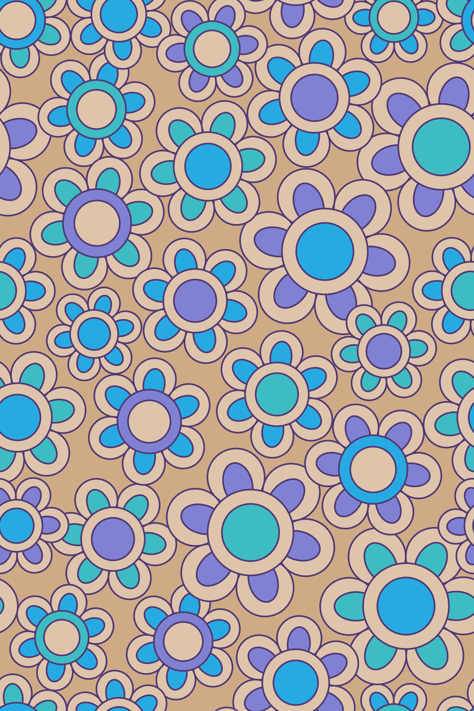 Groovy Daisies Retro 1970s Floral Turquoise Blue Purple Beige Wallpaper⁠
