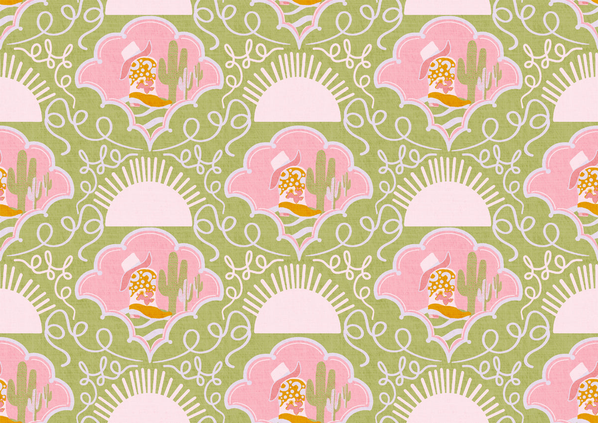 Wild West Whimsy-Green & Pink Cowboy Boots and Cactus Wallpaper for Southwestern Playrooms & Creative Interiors in your room — zoomed