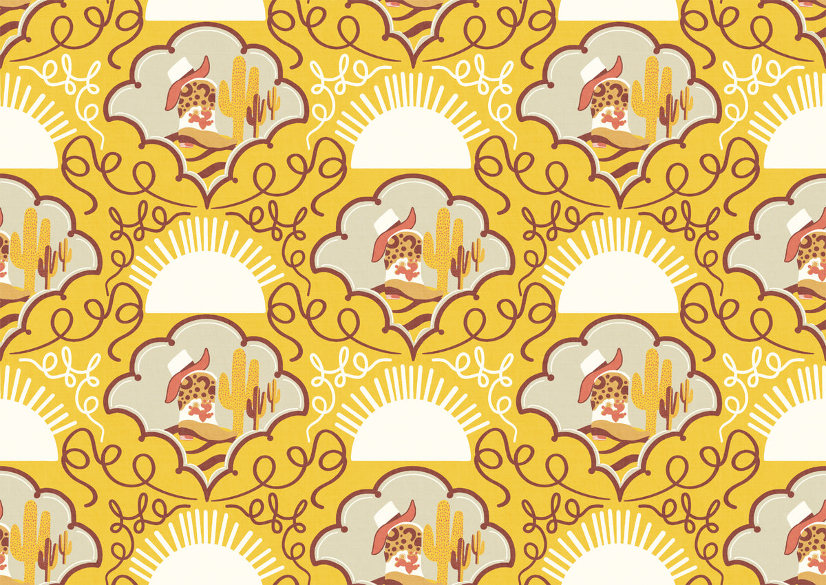 Wild West Whimsy -Happy Yellow Cowboy Boots & Cactus tapet til børneværelser og vestinspireret indretning in your room
