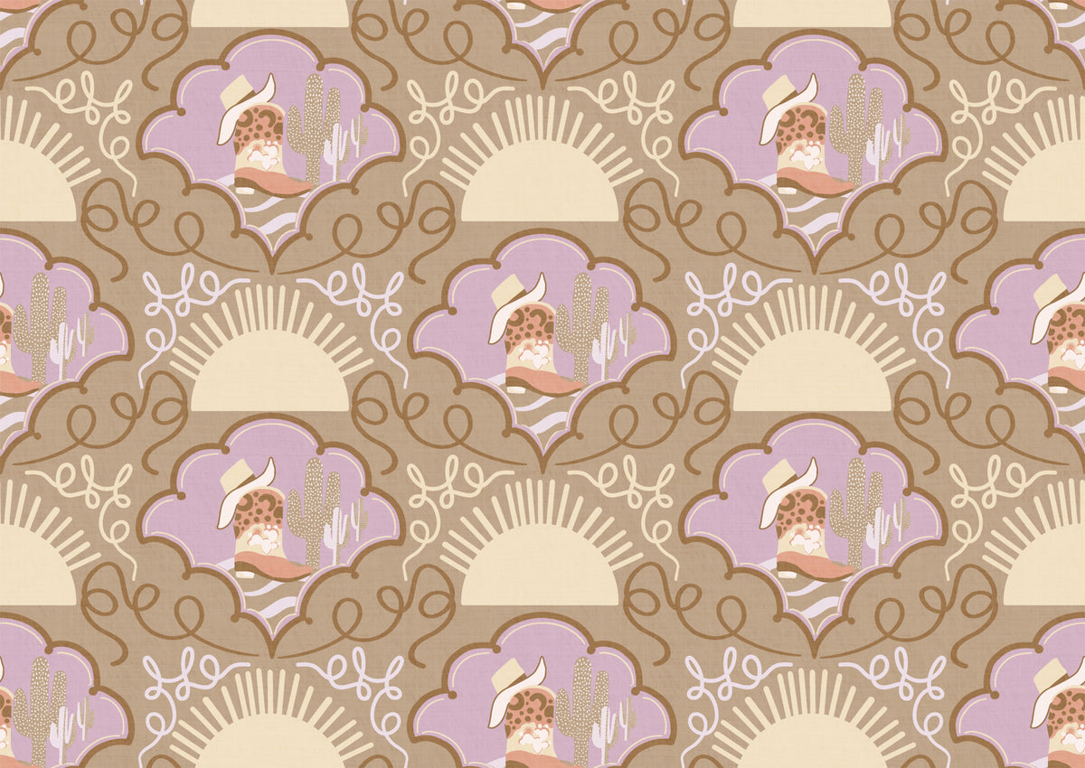Wild West Whimsy - Stivali da cowboy e carta da parati di cactus in lavanda e marrone neutro per spazi eclettici per bambini e interni boho