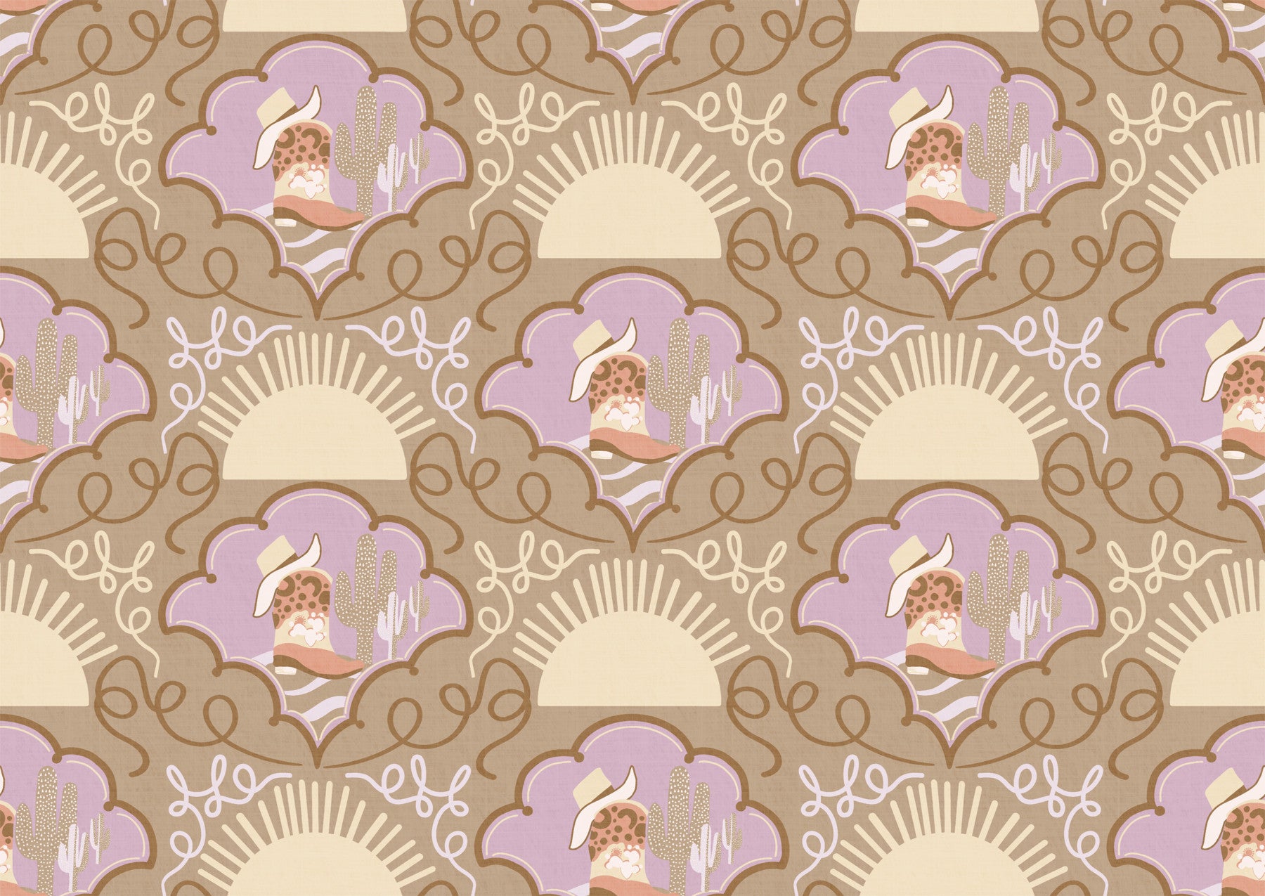 Wild West Whimsy - Stivali da cowboy e carta da parati di cactus in lavanda e marrone neutro per spazi eclettici per bambini e interni boho in your room — zoomed