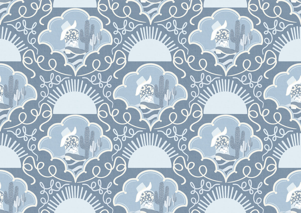 Servenity sud-occidentale- Grey Blue Cactus & Cowboy Folk Art Wallpaper per Boho, Rustic e Contemporary Interiors Wallpaper⁠ in your room — zoomed
