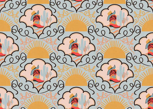 Wild West Laune- Verspielte rote Cowboy-Stiefel und Cactus Wallpaper für Kinderzimmer und westlich inspirierte Interieur Wallpaper⁠