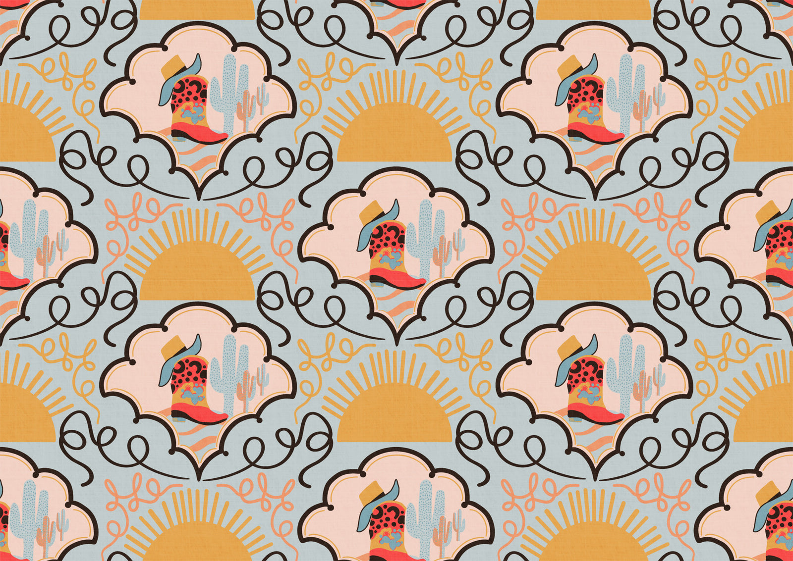 Wild West Whimsy-speelse rode cowboylaarzen en cactus behang voor kinderkamers en westers geïnspireerde interieurs wallpaper⁠