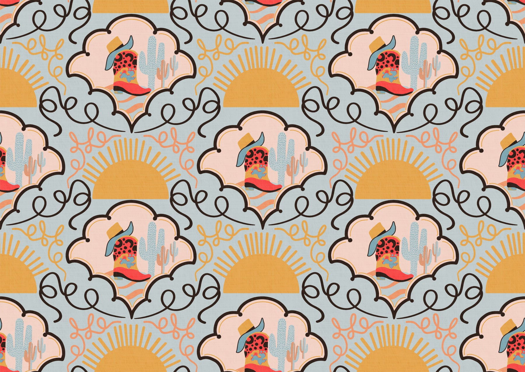 Wild West Whimsy-speelse rode cowboylaarzen en cactus behang voor kinderkamers en westers geïnspireerde interieurs wallpaper⁠ in your room — zoomed