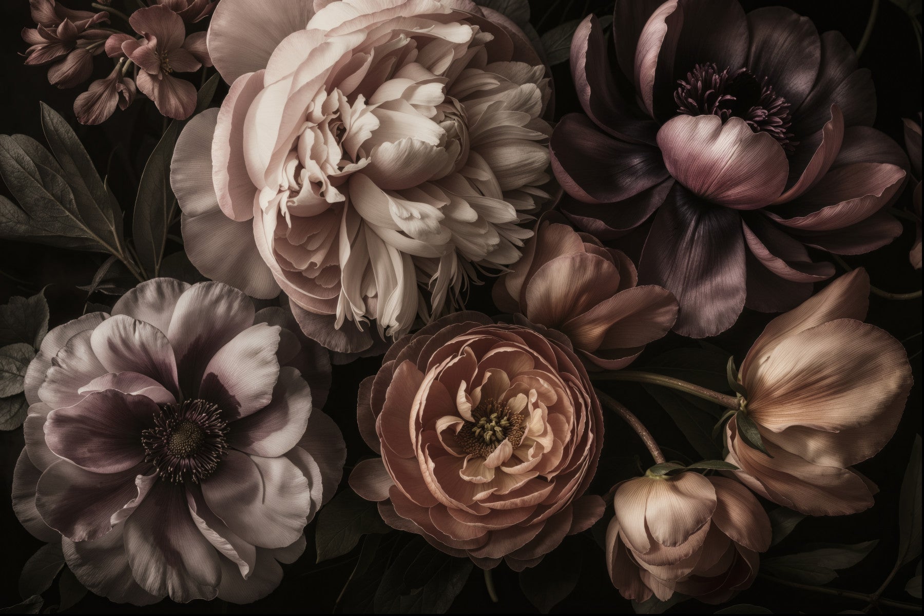 Fiori barocchi moody scuri fumano murale muro di pesca rosa in your room — zoomed
