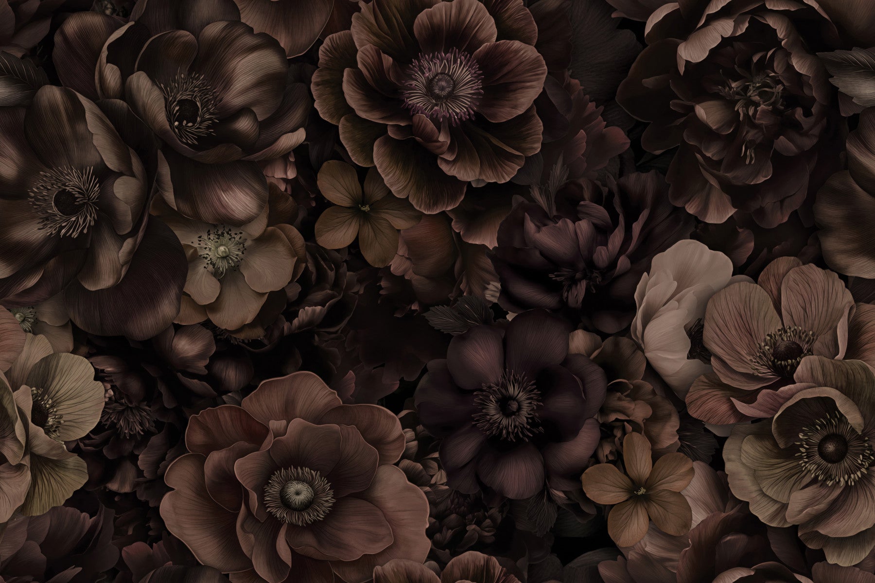 Opulente Blumen -Symphonie warme kastanienbraune Wandmalrad in your room — zoomed