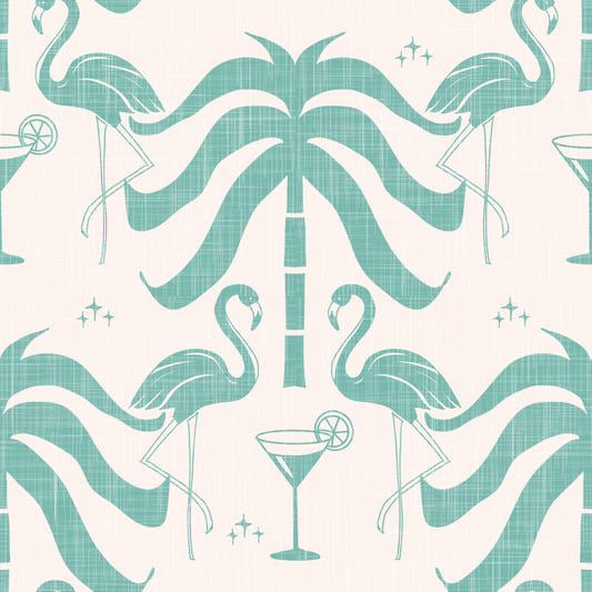 Tropische Palm Springs Flamingo Beige Teal Wallpaper⁠