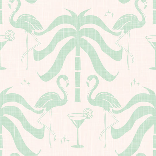 Tropical Palm Springs Flamingo Beige Aqua Green Wallpaper⁠