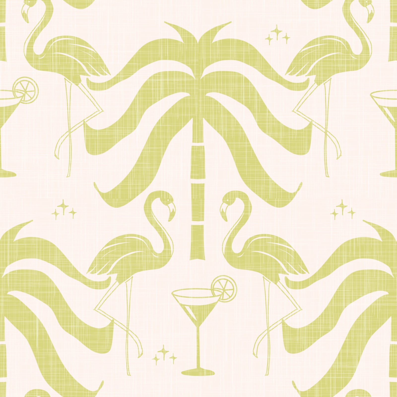 Tropical Palm Springs Flamingo Beige Avocado Wallpaper⁠