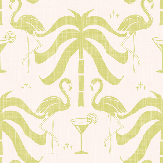Tropiska palmfjädrar flamingo beige avokado tapet⁠