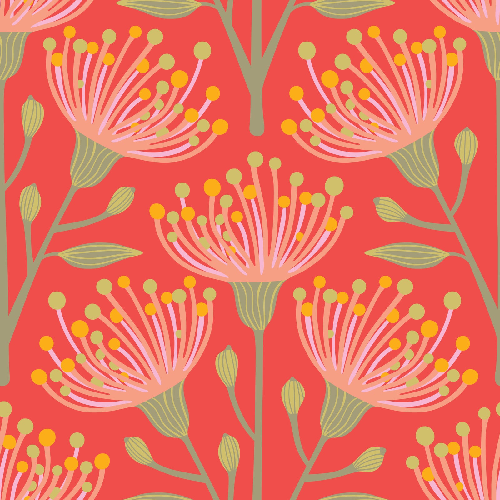 Eucalyptus blomster botanisk gul grøn lyserød rødme på koral orange tapet⁠ in your room