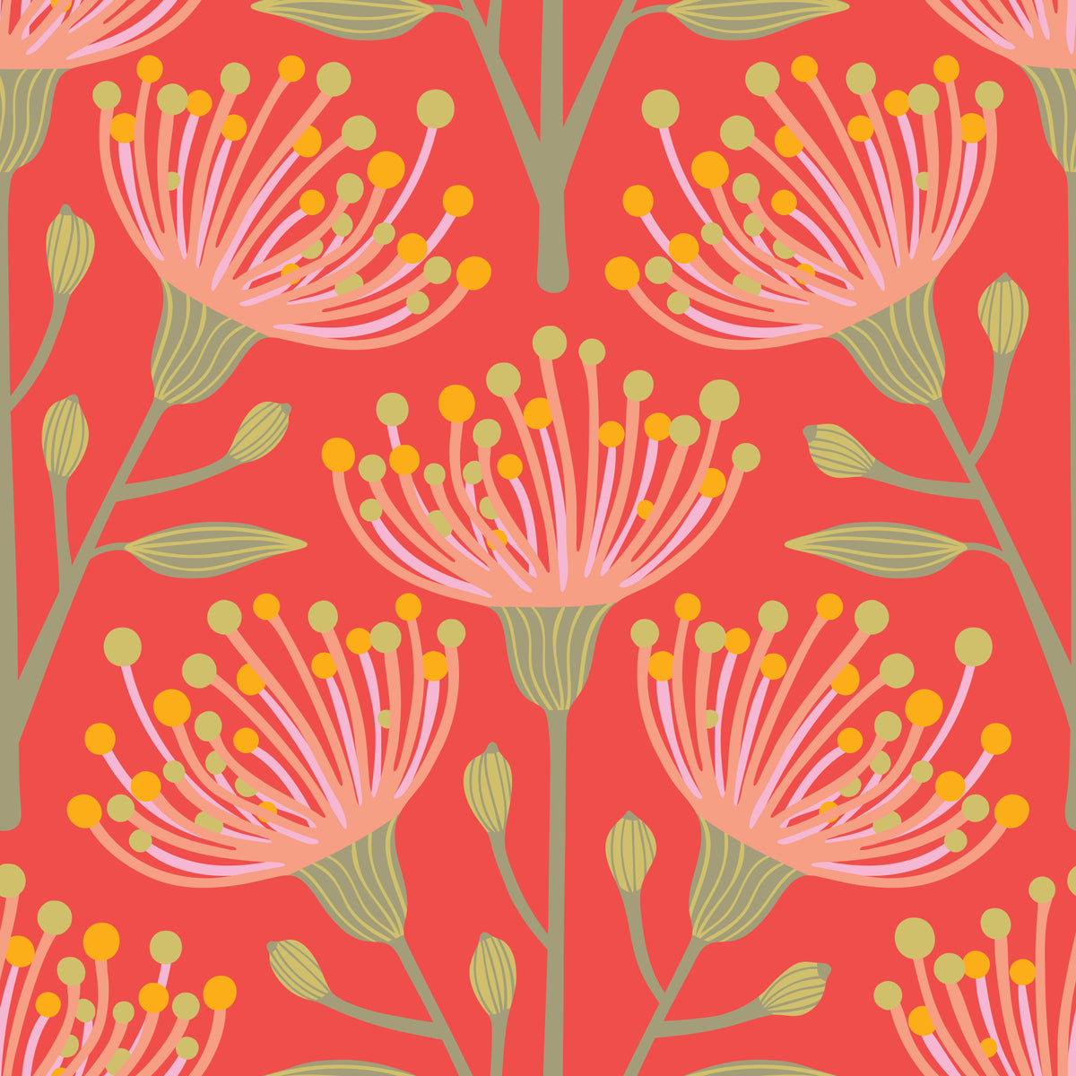 Eucalyptus blomster botanisk gul grøn lyserød rødme på koral orange tapet⁠ in your room — zoomed