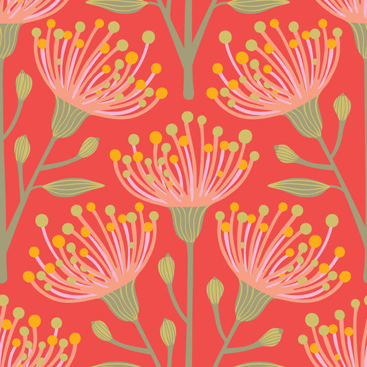 Eukalyptus florale botanische gelbgrün rosa Rouge auf Korallenorange Tapete⁠