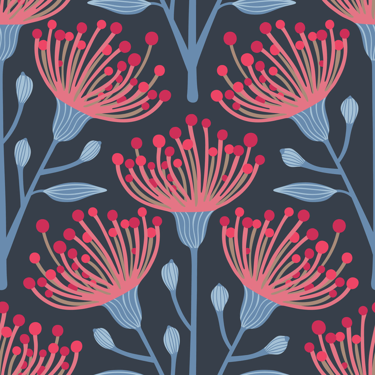 Eucalyptus Floral Botanical Red Pink Light Blue on Navy Blue Wallpaper⁠