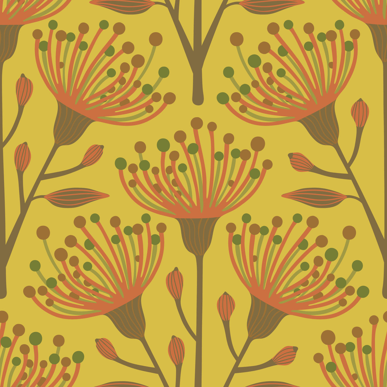 Eucalipt Floral Botanical Earth Foroniu Green de măsline pe muștar galben de tapet⁠