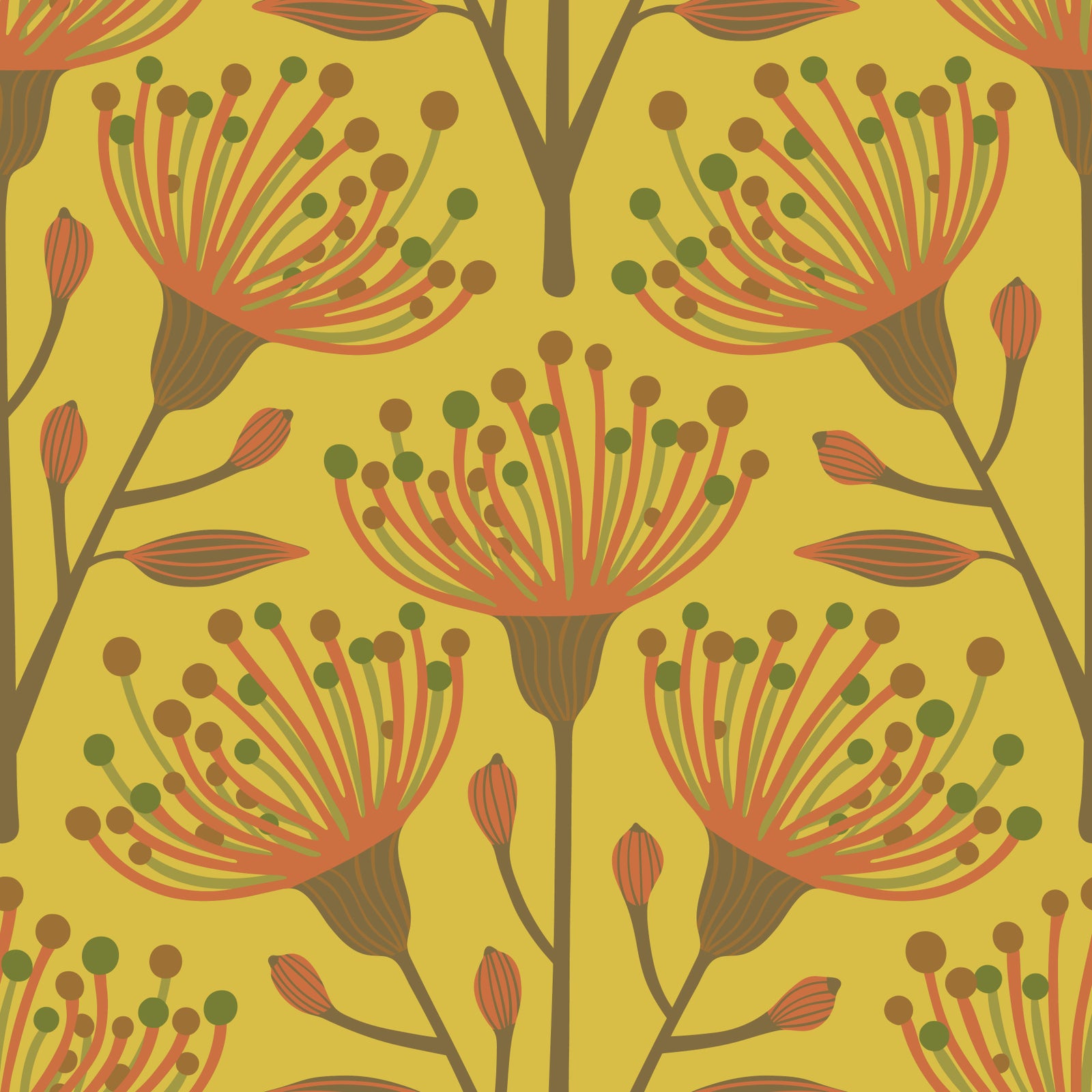 Eucalyptus floral botanique terrestre terreux olive brun olive sur fond d'écran jaune moutarde⁠ in your room