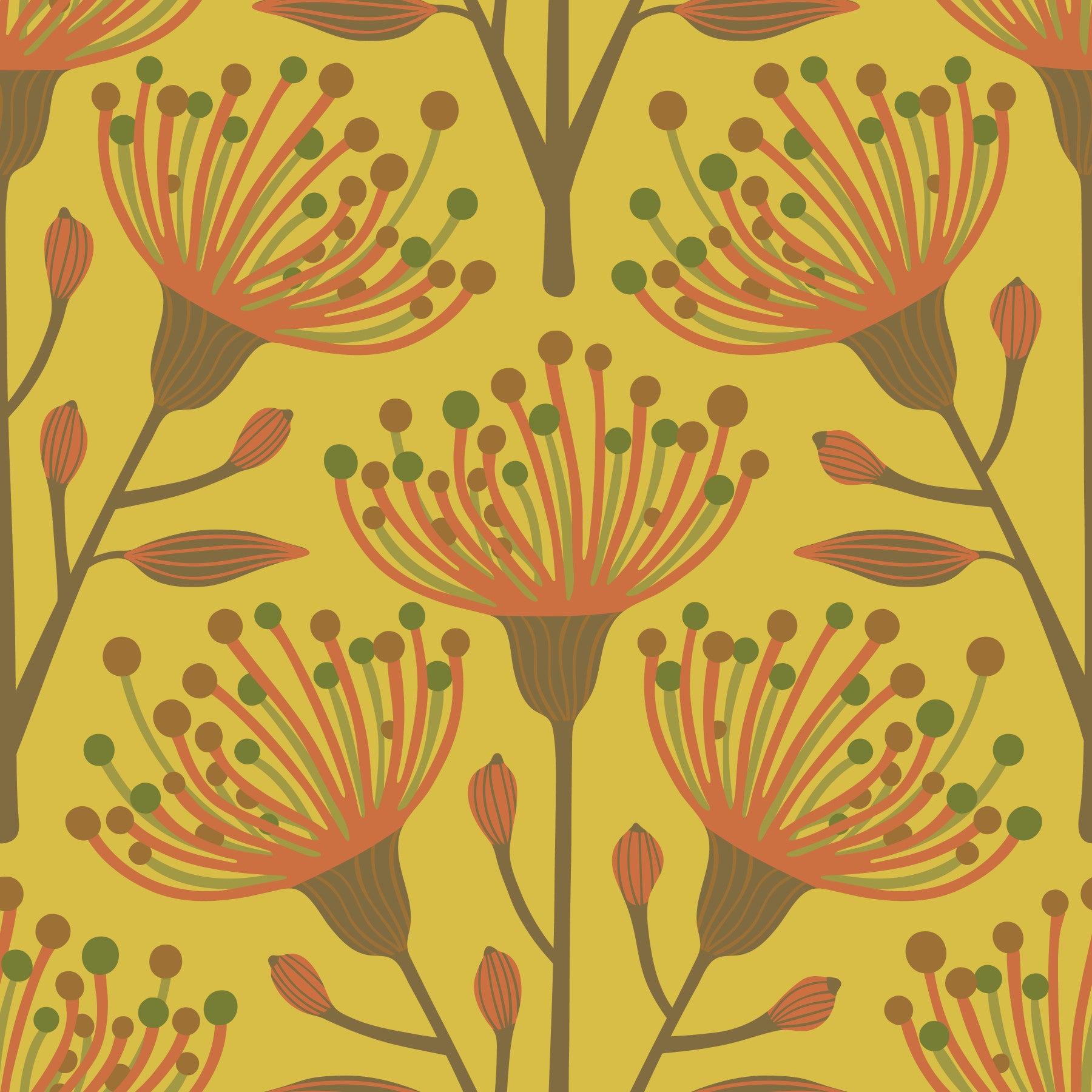 Eucalyptus floral botanique terrestre terreux olive brun olive sur fond d'écran jaune moutarde⁠ in your room — zoomed