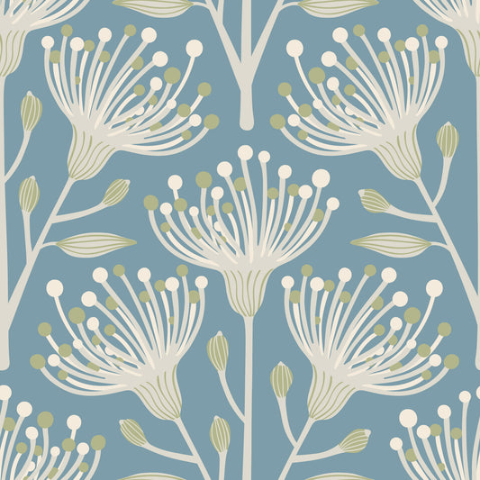 Eukalyptus florales botanisches Cottagecore Pastellgrün weiß auf Pastellblau Tapete⁠