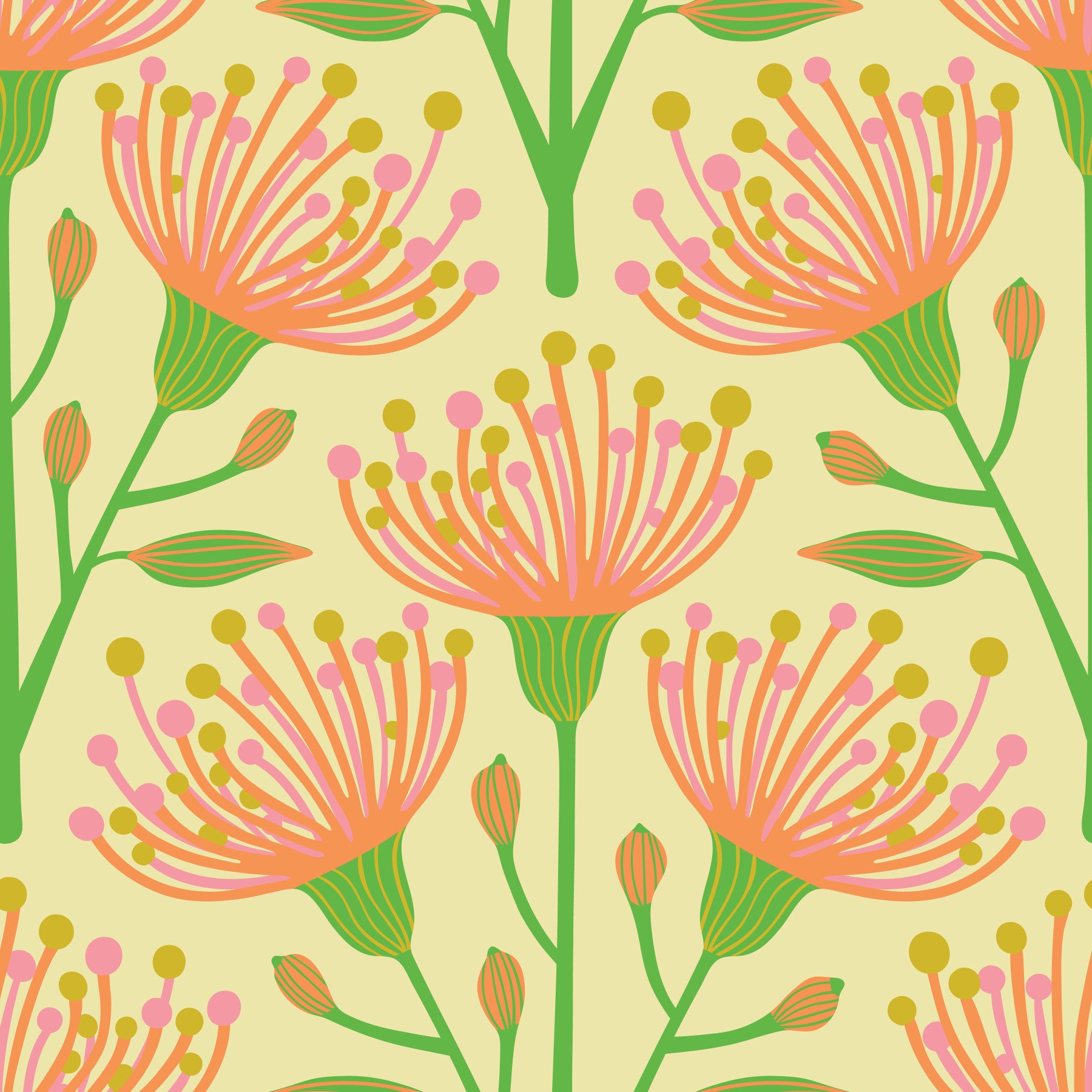 Eukalyptus florale botanische Sommer orange Rosa Grün auf cremiger gelber Tapete⁠