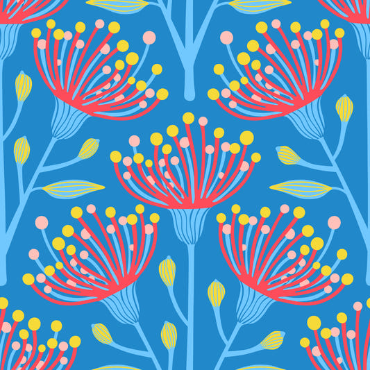 Eukalyptus florale botanische eisige blaue rot gelb rosa auf hellblau Tapete⁠