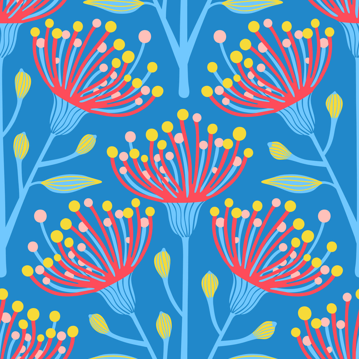 Eucalyptus Floral Botanical Icy Blue Red Yellow Pink on Bright Blue Wallpaper⁠