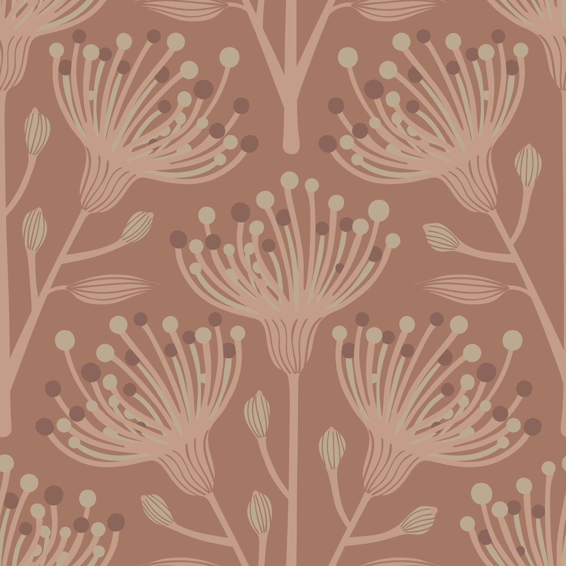 Eukalyptus blommig botanisk jordnära beige brun på mocha mousse tapet⁠