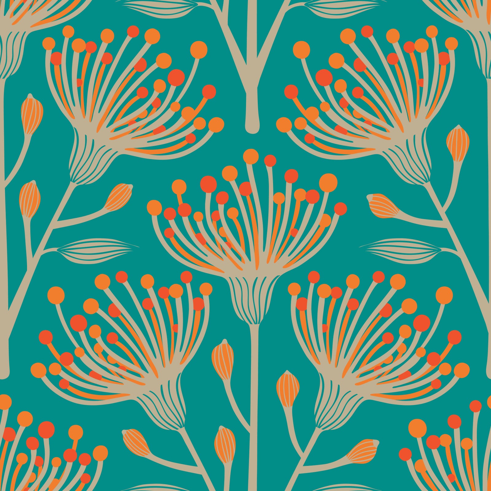 Eucalyptus Floral Botanical Orange Sand on Turquoise Wallpaper⁠