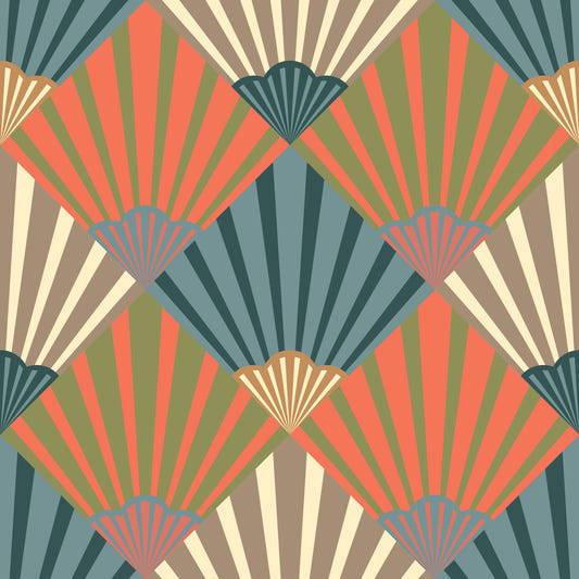 Sunrise Art Deco Vintage Abstract Geometric Elegant Navy Blue Orange Green Beige Cream tapet⁠