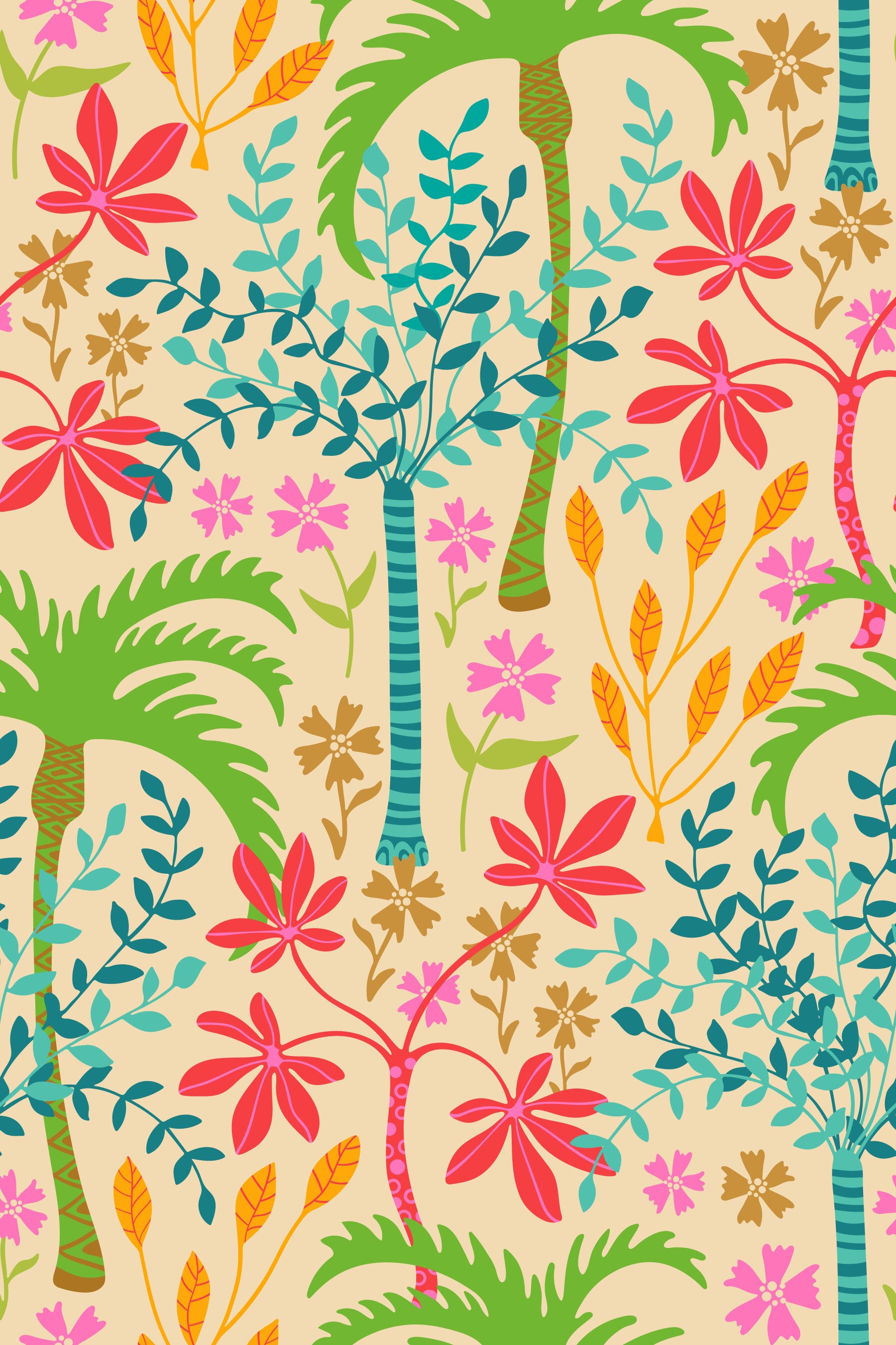 Tropicalia Tropical Floral Botanical Palm Trees Exotic Flowers Plants Leaves Wallpaper⁠ in your room — zoomed
